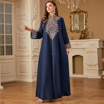 OBEEII Abayas for Women Muslim Applique Embroidery Long Sleeve Maxi Dress Loose Full Cover Islamic Dubai Robe Kaftan Abayas - color: Navy Blue, size: Large