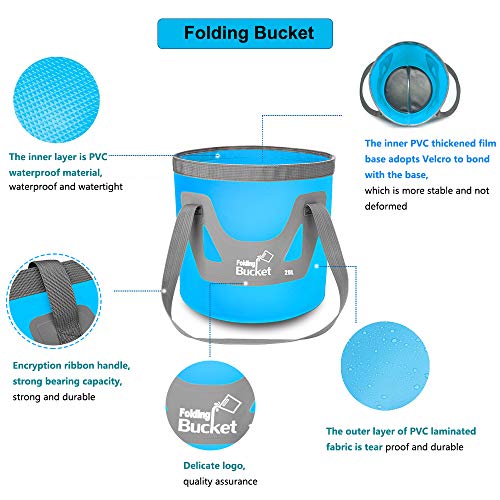Collapsible Bucket with Handle 5 Gallon Portable Folding Bucket Upgraded Ultra Lightweight Outdoor Basin Pail for Fishing, Camping, Hiking, Car Washing and More (Blue Yellow, 20L-12L)