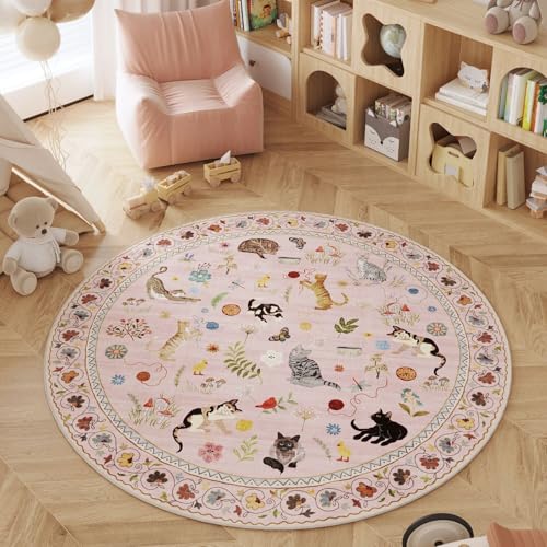 Rugcomf Round Area Rug 4ft Washable Non Slip Floral Animal Cat, Pink - color: Pink/Cat, size: 4' (Round)