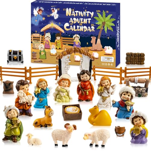 Nativity Advent Calendar 2026, 24pcs Resin Nativity Scene Figurines Set for Men Women Christmas Advent Countdown Calendar Christian Religious Gifts for Kids - color: Yellow