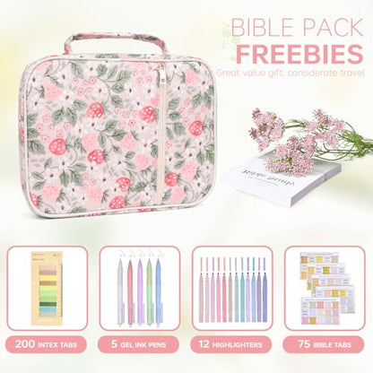 Bible Cover Case for Women Large Bible Cover with Durable Handle Quilted Bible Carrying Case for Girls Bible Study Supplies Accessories (Strawberry Garden, Strawberry Garden) - color: Strawberry Garden