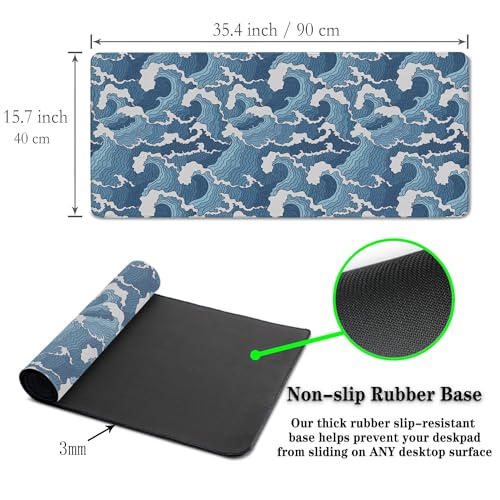 Large Desk Pads Blue and White Desktop Pad, Pc Mouse Pad Keyboard Mat, Desk Pad Gaming Waterproof Non-Slip Rubber Base, 35.4 X 15.7 inch for Work/Game/Office/Home Japanese Abstract Waves - color: Japanese Abstract Blue And White Wave
