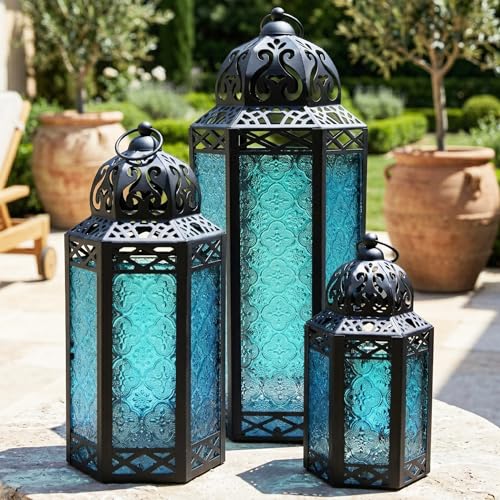 Vela Lanterns Decorative Outdoor & Indoor Moroccan Candle Holders, Blue | Tall Floor Lanterns, Ramadan Decorations, Wedding Centerpieces, Turkish Metal Fireplace Mantel Decor, Set of 3 (XL, L, M) - color: Blue, size: XL-LAR-SM
