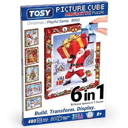 TOSY Picture Cube Playful Santa: 6-in-1 Magnetic Picture Puzzle, 80 Blocks, 480 Puzzle Faces, 0.63 in, B003, Seamless UV Art, Display-Ready Frame, Collectible, STEM/STEAM Gift for Kids & Adults - color: Playful Santa