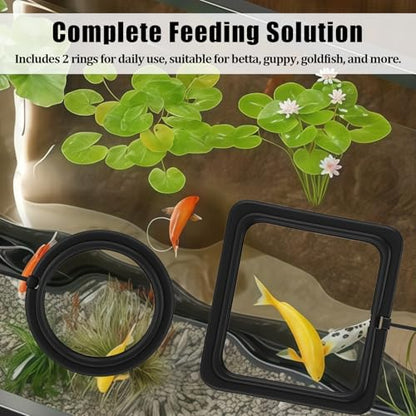 2PCS Small Fish Feeding Ring, Square and Round Mini Aquarium Feeder with Strong Suction Cup Floating Fish Feeder Ring for Betta Goldfish Guppy (Black) - color: Black
