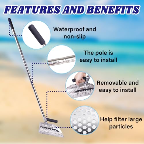 Sand Scoop for Metal Detecting, Heavy Duty Stainless Steel Sand Scoop with Long Handle,Includes 1* Folding Shovel,One Pair of Gloves