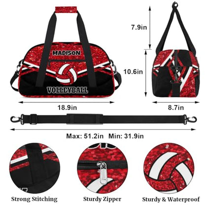 Personalized Sports Volleyball Bag, Custom Team Name Gym Sport Duffel Bag Weekender Bags Travel Duffel Bag, Red Glittering with Black - color: Red Black