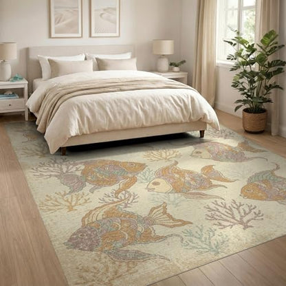 8'x10' Washable Distressed Botanical Large Rug, Beige Non-Shedding Pet Friendly Carpet Foldable Easy Care Mat for King Size Bedroom, Master Suite, Under Bed | Ref:1885581 - color: Beige/Pattern 44, size: 8' x 10' (Rectangular)