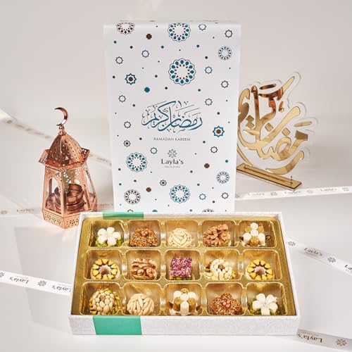 Layla’s Delicacies Mediterranean Treats Gift Box for Ramadan Mubarak - Handmade Healthy Mixed Nutty Flavors Pastries - Halal, Vegetarian, Gluten Free - 15 Bite-Size Treats - color: Ramadan Gift Box, size: 14 Count (Pack of 1)