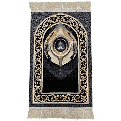 Islamic Adult Prayer /wall Mat Black/Gold Kaaba Black stone Muslim Rug, Janamaz Musallah Rug-Saudi Arabia