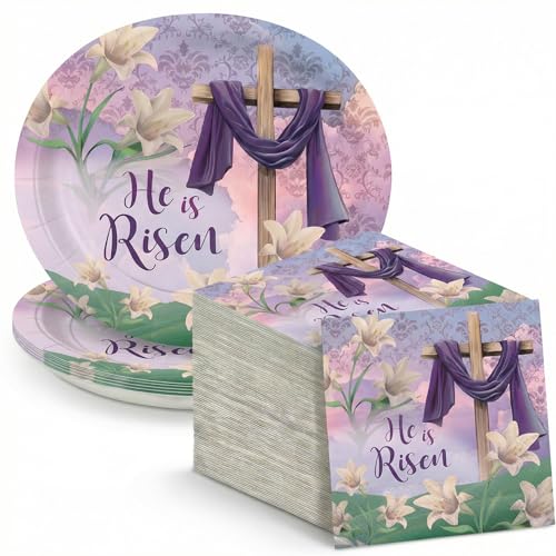 Dereinwo 50 Pcs Easter Large 12" x 10" Oval Paper Plates and Napkins Disposable Heavy Duty Paper Plates and Napkins for Easter Party Supplies - style: Easter
