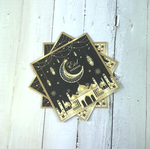 24 Pcs Ramadan and Eid Crescent Moon Party Napkins Ramadan Kareem Eid Mubarak Disposable Napkins, Arabic Design Themed Paper Napkins for Eid Al-Fitr Party Decorations, 6.5" 2-Ply(Black)