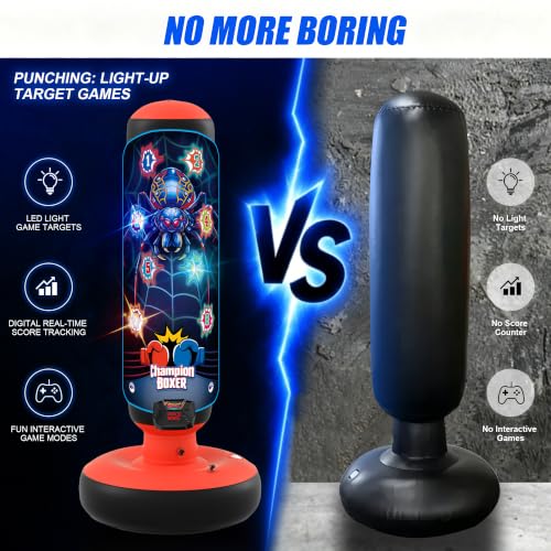 Punching Bag for Kids 51" Freestanding Boxing Bag with LED Scoring & Music | 4 Interactive Game Modes, Kids Boxing Set with Gloves&Pump, Leak-Proof Valve Design, Inflatable Boxing Bag Gift for kids 3-12
