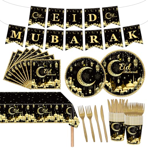 98PCS Eid Mubarak Party Supplies Black and Gold Ramadan Tableware Set Ramadan Mubarak Paper Plates and Napkins Eid Mubarak Party Decorations Eid Al-fitr Party Disposable Dinnerware Set for 16 Guests - style: Eid Mubarak