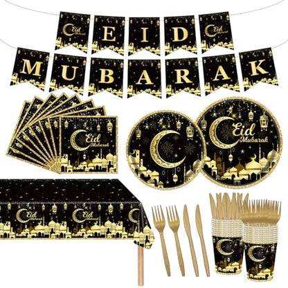 98PCS Eid Mubarak Party Supplies Black and Gold Ramadan Tableware Set Ramadan Mubarak Paper Plates and Napkins Eid Mubarak Party Decorations Eid Al-fitr Party Disposable Dinnerware Set for 16 Guests - style: Eid Mubarak