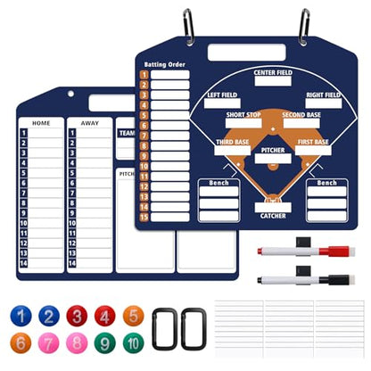 Magnetic Baseball Coach Clipboard, Anglecai Double-Sided Dry Erase Baseball Lineup Board for Softball Dugout Board Baseball Coaching Board with 30 Lineup Card/ 10 Magnet/2 Marker/2 Hook (Blue) - color: Blue