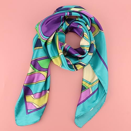 DRESHOW 35” Large Square Satin Head Scarf - 4Pcs Silk Accessories Classic Patterned Squares Beach Bandanas for Women - color: 4 Pcs: Rose, Turquoise, Orange, Brown