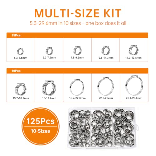 135PCS Sieqioor 9 Sizes Single Ear Hose Clamp Kit, 304 SS 5.3-26mm | 304 Stainless Steel Ear Clamp Kit, Stepless Hose Clamps Cinch Rings for Automotive, Home Appliance Line and Plumbing - size: 135pcs