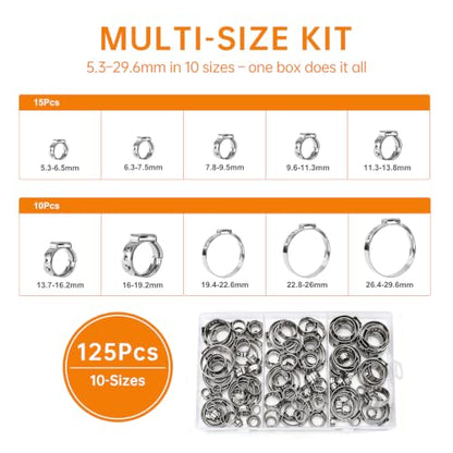 135PCS Sieqioor 9 Sizes Single Ear Hose Clamp Kit, 304 SS 5.3-26mm | 304 Stainless Steel Ear Clamp Kit, Stepless Hose Clamps Cinch Rings for Automotive, Home Appliance Line and Plumbing - size: 135pcs