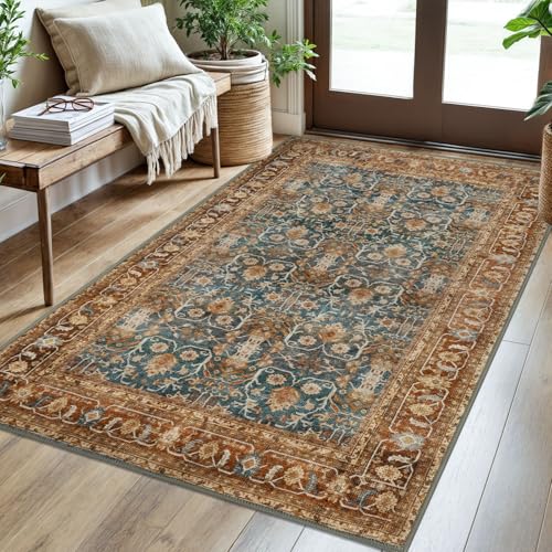 SIILOOM 3x5 Washable Area Rug for Entryway, Ocean Rust Soft Tribal Floral Rug with Slip-Resistant, Low-Pile Vintage Tribal Area Rugs for Entryway Bedroom, Dorm Carpet with Non-Shedding - color: Ocean/Rust, size: 3' x 5' (Rectangular)