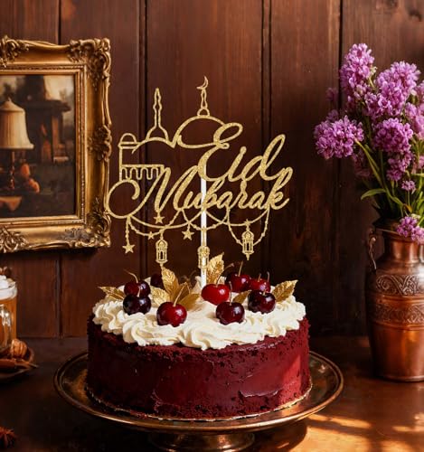 Eid Mubarak Cake Topper, Happy Eid Al-Fitr/Eid al-Adha Fastival Decorations, Islamic Muslim Tranditional Festival Party Decoration Supplies, Hajj Mubarak Decor Gold Glitter