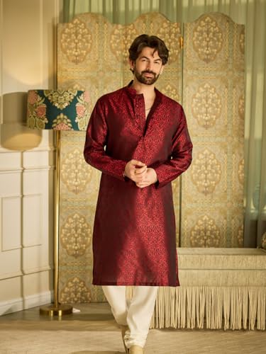 Sojanya (Since 1958 Men'S Teal Silk Blend Kurta Churidar Pyjama Set - color: Red and Off White, size: X-Large