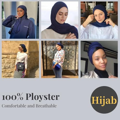 Harewom Muslim Hijab for Women Soft Stretch Headscarf Large Plain Turban Wrap Shawl Head Wrap for Everyday Wear - color: Deep Blue Hijab Headscarf