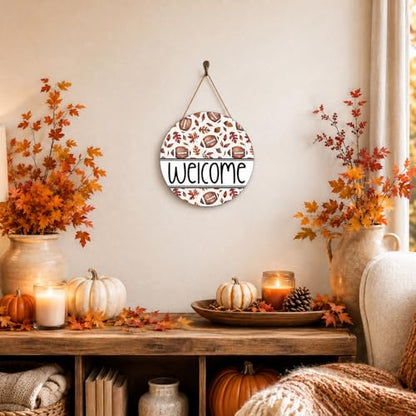 Smile Fall Football Welcome Wooden Round Door Hanger, Autumn Leaves Front Door Sign for Thanksgiving Game Day Decorations - style: Welcome Football