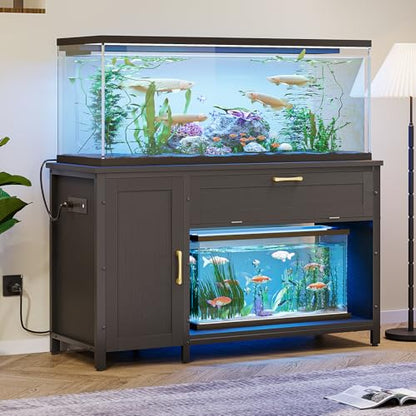 Bestier 55-75 Gal Fish Tank Stand with Power Outlet & LED Light, Black | RGB Led 22 Modes, Storage Cabinet With 3-Level Adjustable Shelf, Pull-Out Drawer, 37X18 In, 726Lbs Capacity, 4 Leveling Feet - size: 55-75 Gallon