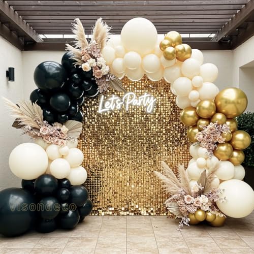Black White and Gold Balloon Arch Kit – Double Stuffed Balloons in Black, Ivory with Metallic Gold – 5”/12”/18” Balloons for Graduation, Birthday, Retirement, New Year Decorations - color: Black Ivory Gold