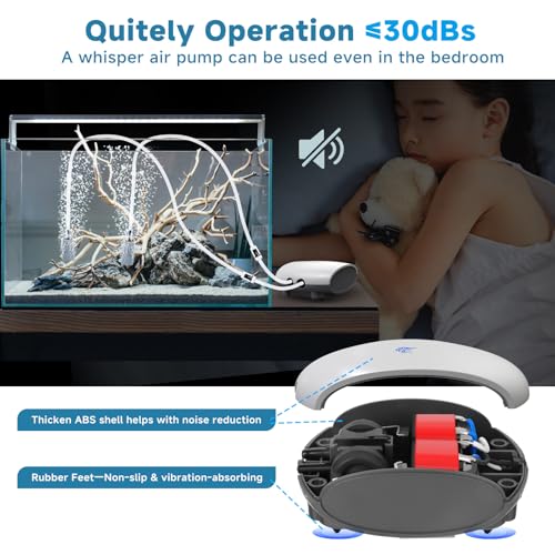 AQQA Air Pump Aquarium Quiet Oxygen Aerator Pump Dual Outlets Fish Tank Bubbler Pump with Air Tubes Air Stones & Check Valve (5W for Up to 160 Gal) - size: 5W