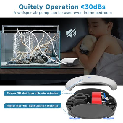 AQQA Air Pump Aquarium Quiet Oxygen Aerator Pump Dual Outlets Fish Tank Bubbler Pump with Air Tubes Air Stones & Check Valve (5W for Up to 160 Gal) - size: 5W