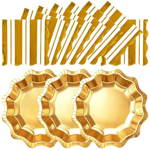 48PCS Gold Paper Plates and Napkins Party Decorations, 7inch Disposable Dessert Plates Cake Plate Metallic Themed Tableware Set Party Suppiles for Birthday, Wedding, Baby Shower, Thanksgiving