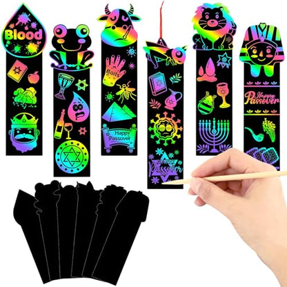 JUNEBRUSHS 30Pcs Passover Scratch Bookmarks, Rainbow Magic Scratch Paper Art Passover DIY Craft Kit for Students Classroom Activity Party Favors - style: Passover Style