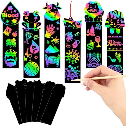 JUNEBRUSHS 30Pcs Passover Scratch Bookmarks, Rainbow Magic Scratch Paper Art Passover DIY Craft Kit for Students Classroom Activity Party Favors - style: Passover Style