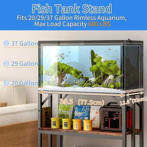 20-29-37 Gallon Fish Tank Stand with Power Outlet,Adjustable Aquarium Stand, Heavy Duty Terrarium Stand,Metal Frame Reptile Turtle Tank Stand Suitable for Home Office,600LBS Capacity, Rustic Brown - color: Rustic Brown, size: 20-29-37 Gallon