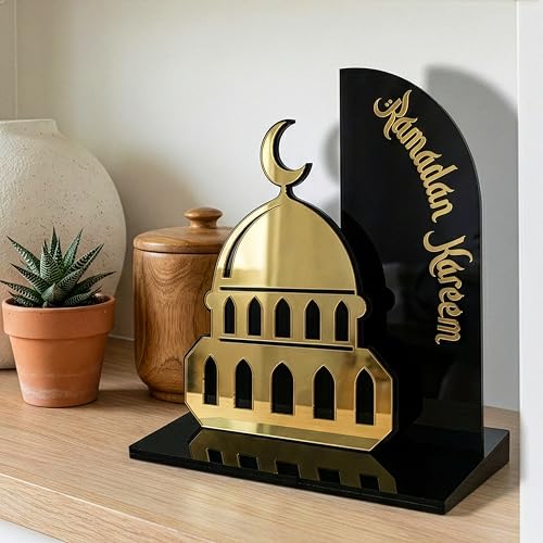 iwa concept Ramadan Kareem Table Decor, Islamic Mosque Statue with Acrylic Design, Freestanding Modern Islamic Home Decoration for Ramadan and Eid - color: Black-gold