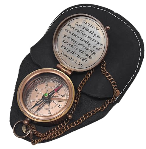 Proverbs 3: 5-6 Engraved Compass Gift for Men, Trust In The Lord Inscription Compasses Graduation Gift, Confirmation Gift, Baptism Religious Gift, Communion Survival Brass Compass With Leather Case