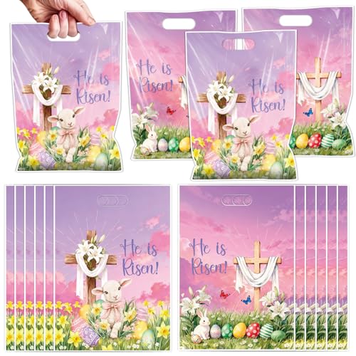 Falueqg Religious Easter Party Favor Bags - 50 Pcs He is Risen Happy Easter Goodie Candy Gift Bags First Communion Religious Cross Party Favors for Christian Spring Hunt Egg Game Baptism Supplies - color: Cross Easter
