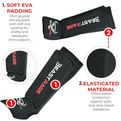 BEAST RAGE Shin Guards for Muay Thai, Kickboxing, MMA Leg Guards Martial Arts Taekwondo, Boxing, Elasticated Sock Padded Leg Instep Pads, Shin Pads,Sparring Training, Karate BJJ - color: BLACK RED, size: X-Large