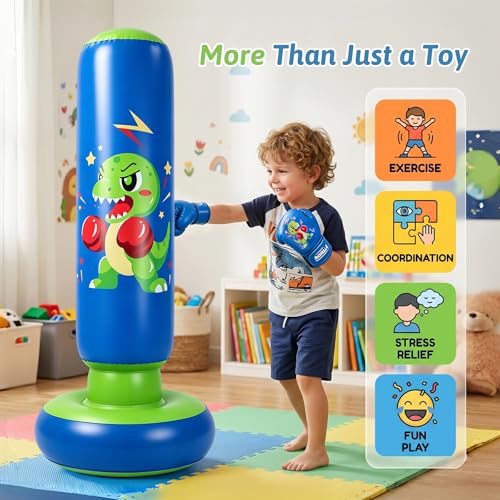 RORALA 66 Inch Inflatable Punching Bag for Kids with Boxing Gloves, Children's Boxing Bag Set Dinosaur Toy & Gifts for Boys Girls Aged 3 to 12 to Practice Karate, Taekwondo