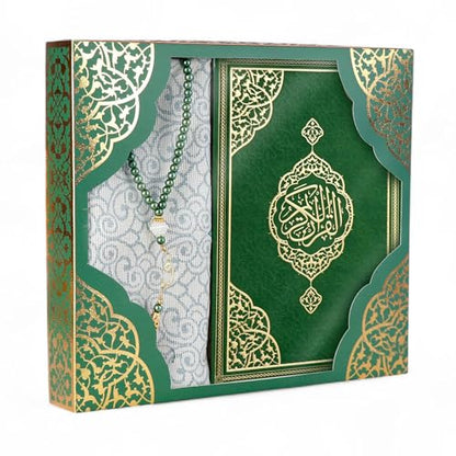 FURKAN Thermo Leather Quran Green, Prayer Rug and Prayer Beads, Zuhre Gift Box - Green - color: Green
