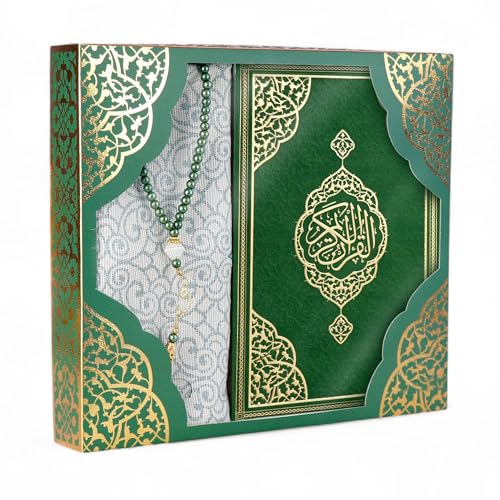 FURKAN Thermo Leather Quran Green, Prayer Rug and Prayer Beads, Zuhre Gift Box - Green - color: Green