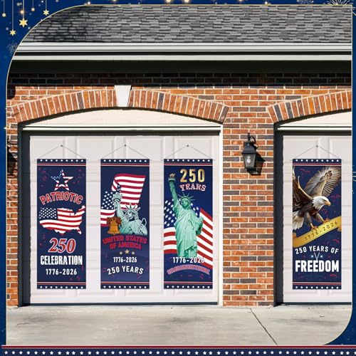Panelee 4 Pcs 250th Anniversary Banner Decoration Patriotic American Flag Porch Banner 250th Anniversary Hanging Backdrop for Independence Day 4th of July Wall Indoor Outdoor Decor - style: 250th