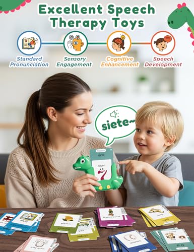 Spanish and English Talking Flash Cards for Toddlers with 510 Sight Words, Dinosaur Shaped Bilingual Buddy Pocket Speech Therapy Autism Toys, Educational Learning Toys Gift for Kid Boys Girls - size: 510-Spanish&English