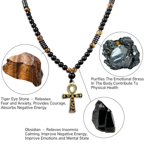 Ankh Cross Pendant Ancient Egyptian Hieroglyphic Symbol of Health and Eternal Life Men Cross Necklace with Tiger Eye Stone Obsidian Hematite Triple Protection Crystal Beads Chain - color: Black-Gold