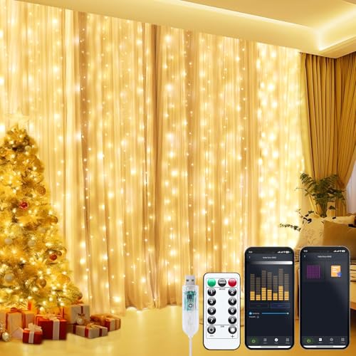Smart Curtain Lights, USB Plug in, 9.8ft 300 LED Window Smart String Light with APP and Remote, 8 Modes, Waterproof Fairy Lights for Bedroom, Indoor, Weddings, Party, Christmas Ramadan Decorations - size: 300LED-Warm White