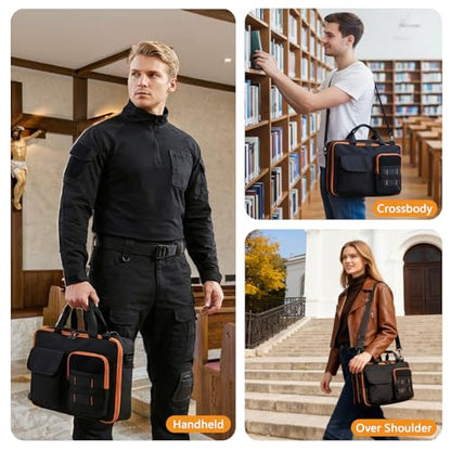 ZHIERNA Tactical Bible Cover for Men, Double Layer Large Bible Case Church Bag with Multiple Pockets, Bible Carrying Case for Women with Top Handle and Shoulder Strap