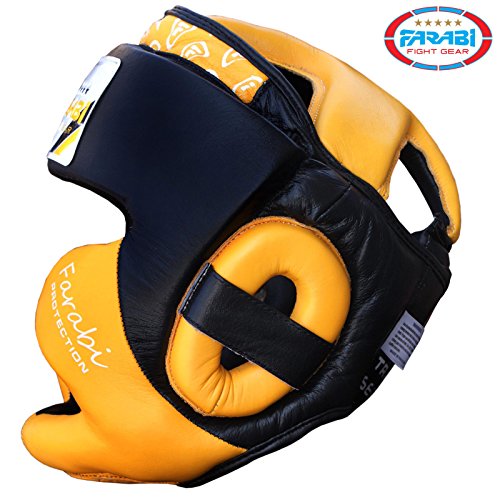 Farabi Sports Boxing headguard Real Leather Sparring Gear MMA Muay Thai Kickboxing Training Punch Head Gear (Large/X Large, Yellow)