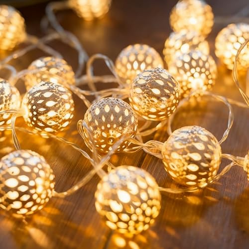 USB & Battery Operated Pattern Lanterns String Lights, Decorative Fairy Boho Light for Home Bedroom, 9.8ft 20 LED Gold Moroccan Globe Diwali Decoration for Christmas Birthday Party (Warm White) - color: Warm White